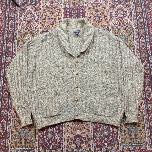 VTG 80s 90s Lands End Shawl Collar Cardigan Sweater Ribbed Wool XL USA‎ Brown